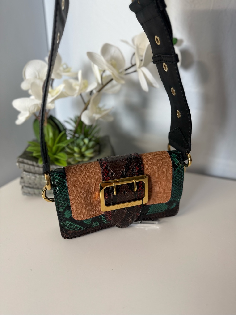 BURBERRY Python Patchwork Suede Buckle Bag